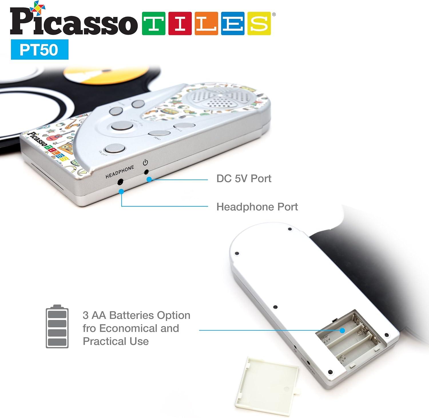 imagePicassoTiles Electronic Piano 49Key Flexible RollUp Keyboard with Recording Feature 8 Tones 6 Demo Songs Builtin Speaker Educational Music Toy for Kids Toddlers Boys Girls Rainbow Color Design PT49PT50BLUWHT