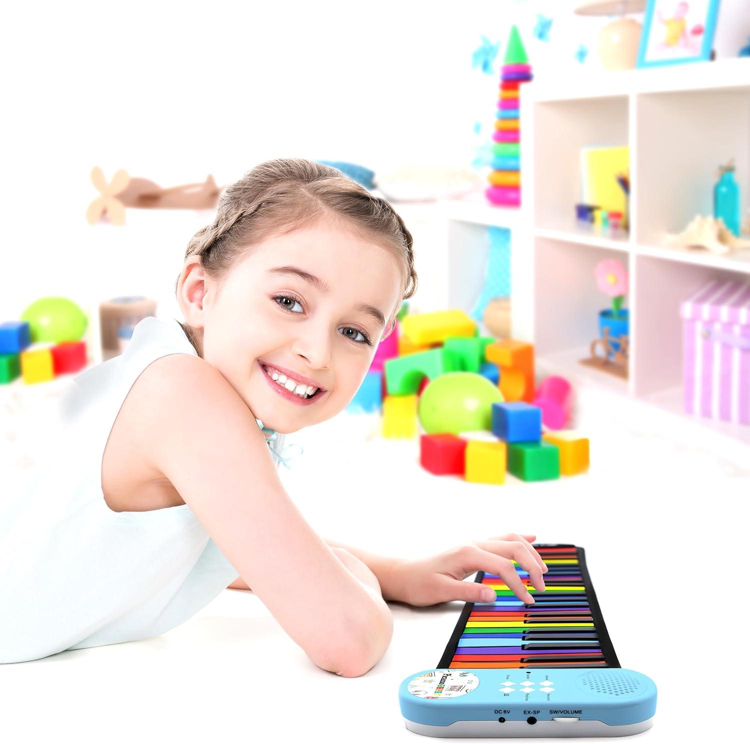 imagePicassoTiles Electronic Piano 49Key Flexible RollUp Keyboard with Recording Feature 8 Tones 6 Demo Songs Builtin Speaker Educational Music Toy for Kids Toddlers Boys Girls Rainbow Color Design PT4949Key