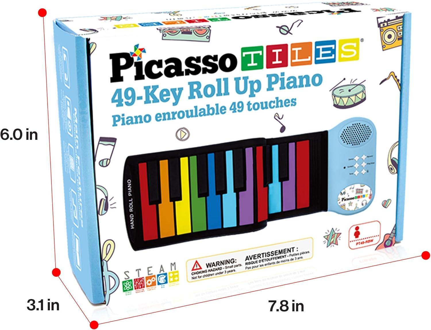 imagePicassoTiles Electronic Piano 49Key Flexible RollUp Keyboard with Recording Feature 8 Tones 6 Demo Songs Builtin Speaker Educational Music Toy for Kids Toddlers Boys Girls Rainbow Color Design PT4949Key
