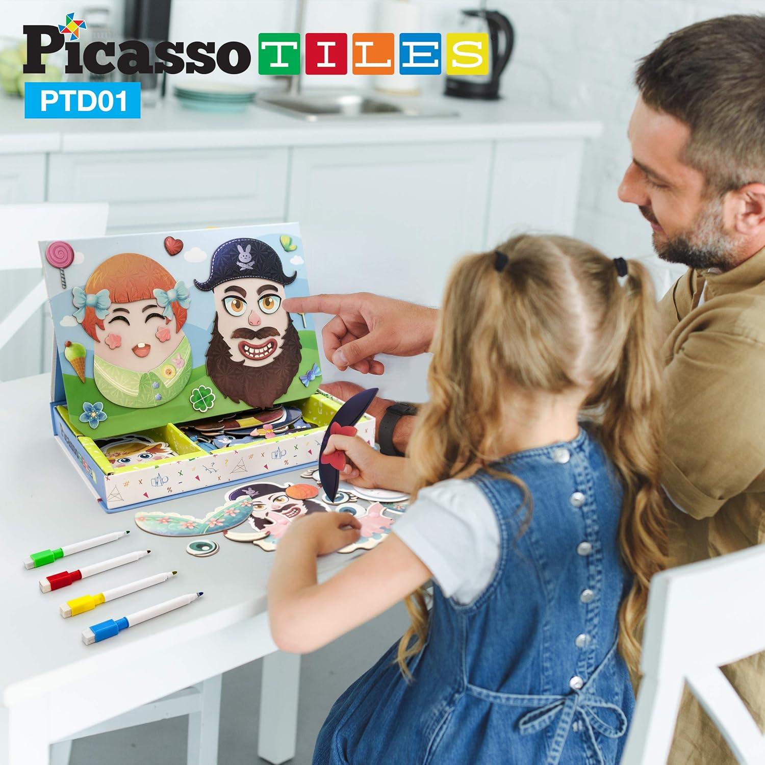 imagePicassoTiles Magnetic Puzzle Drawing Board 102 PC Dress Up Puzzle Game with 10 Free Inspirational Idea Cards 88 Holographic Designs 4 Markers Set Educational Activity Book STEAM Learning Kit