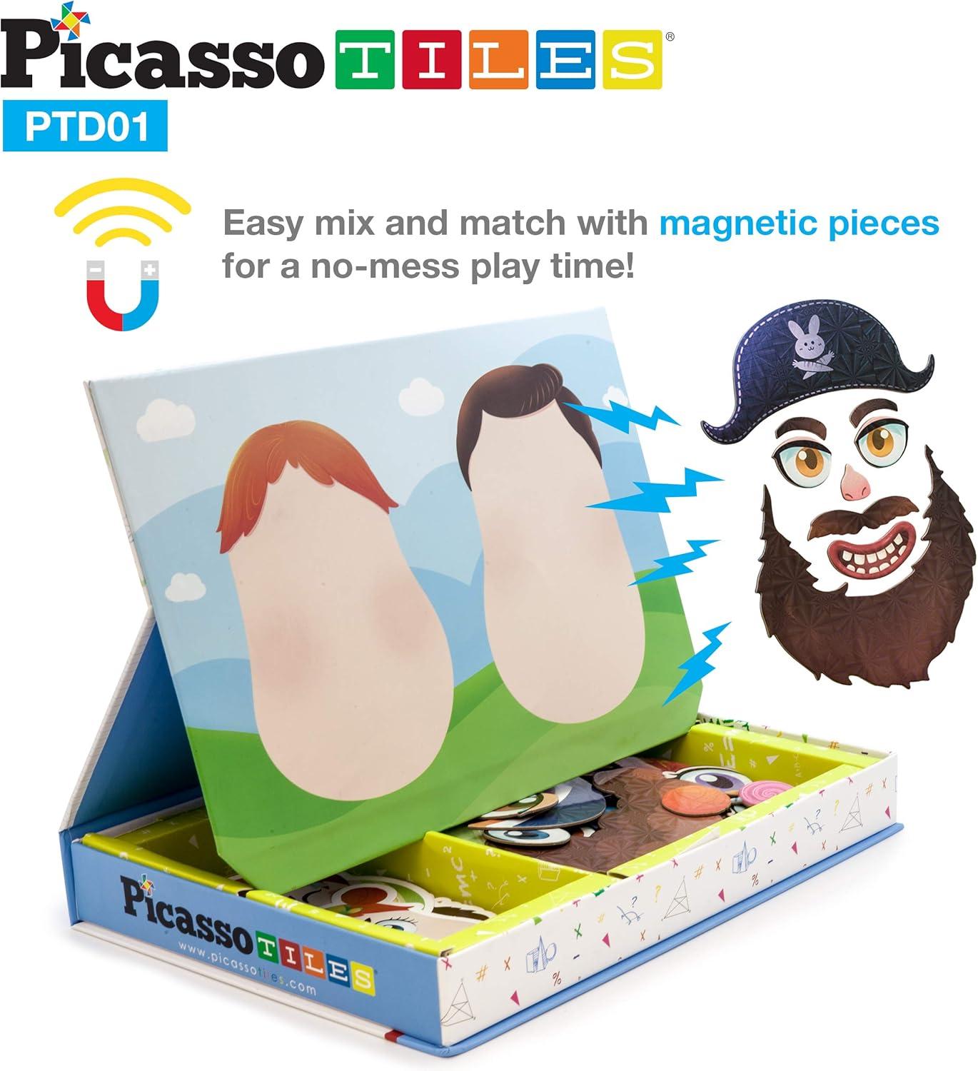 imagePicassoTiles Magnetic Puzzle Drawing Board 102 PC Dress Up Puzzle Game with 10 Free Inspirational Idea Cards 88 Holographic Designs 4 Markers Set Educational Activity Book STEAM Learning Kit