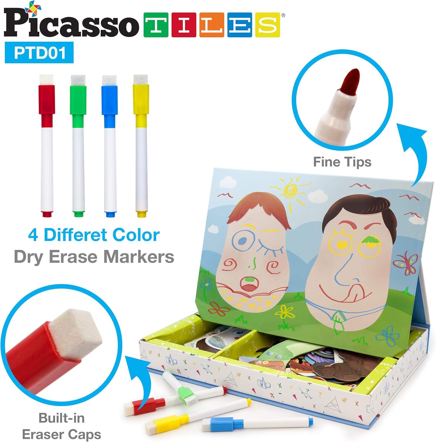 imagePicassoTiles Magnetic Puzzle Drawing Board 102 PC Dress Up Puzzle Game with 10 Free Inspirational Idea Cards 88 Holographic Designs 4 Markers Set Educational Activity Book STEAM Learning Kit