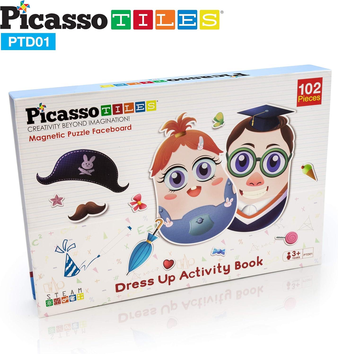imagePicassoTiles Magnetic Puzzle Drawing Board 102 PC Dress Up Puzzle Game with 10 Free Inspirational Idea Cards 88 Holographic Designs 4 Markers Set Educational Activity Book STEAM Learning Kit