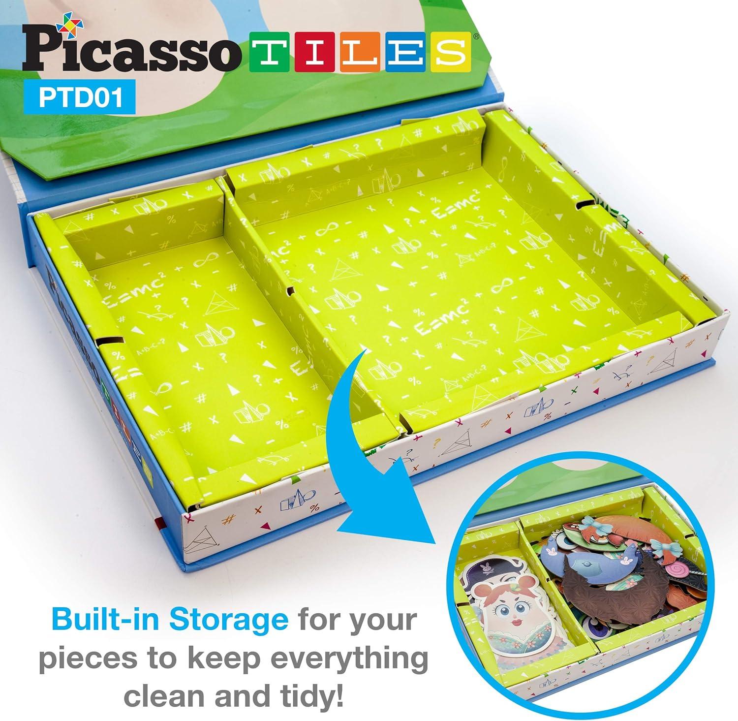 imagePicassoTiles Magnetic Puzzle Drawing Board 102 PC Dress Up Puzzle Game with 10 Free Inspirational Idea Cards 88 Holographic Designs 4 Markers Set Educational Activity Book STEAM Learning Kit