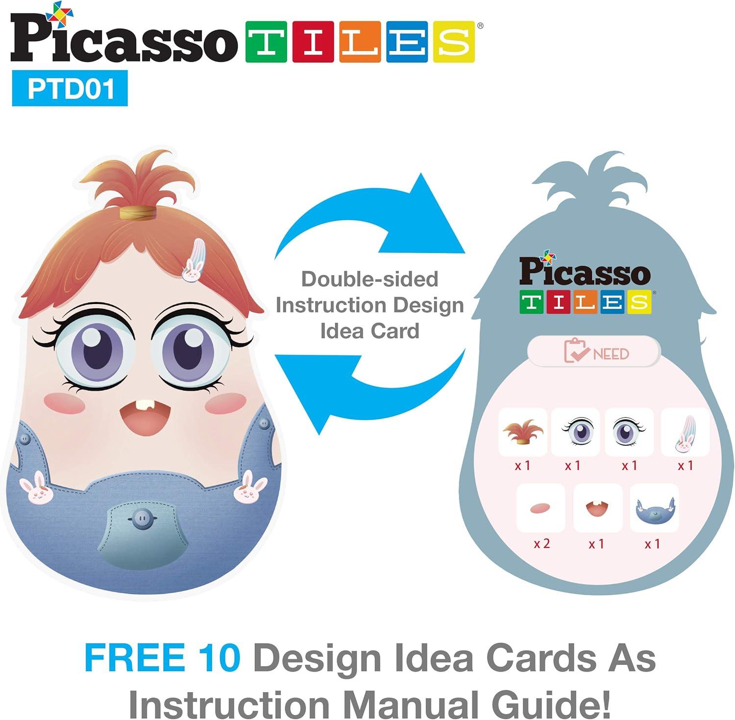 imagePicassoTiles Magnetic Puzzle Drawing Board 102 PC Dress Up Puzzle Game with 10 Free Inspirational Idea Cards 88 Holographic Designs 4 Markers Set Educational Activity Book STEAM Learning Kit