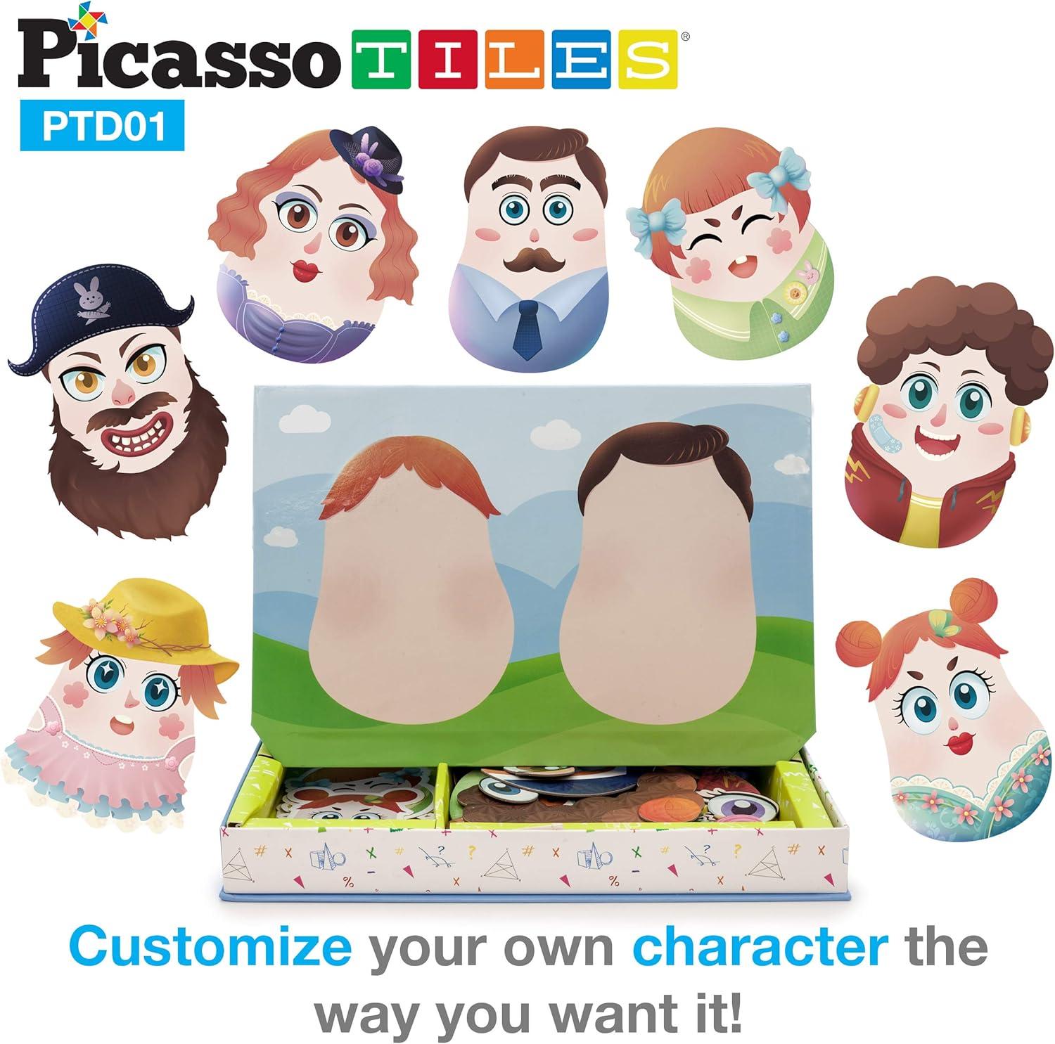 imagePicassoTiles Magnetic Puzzle Drawing Board 102 PC Dress Up Puzzle Game with 10 Free Inspirational Idea Cards 88 Holographic Designs 4 Markers Set Educational Activity Book STEAM Learning Kit