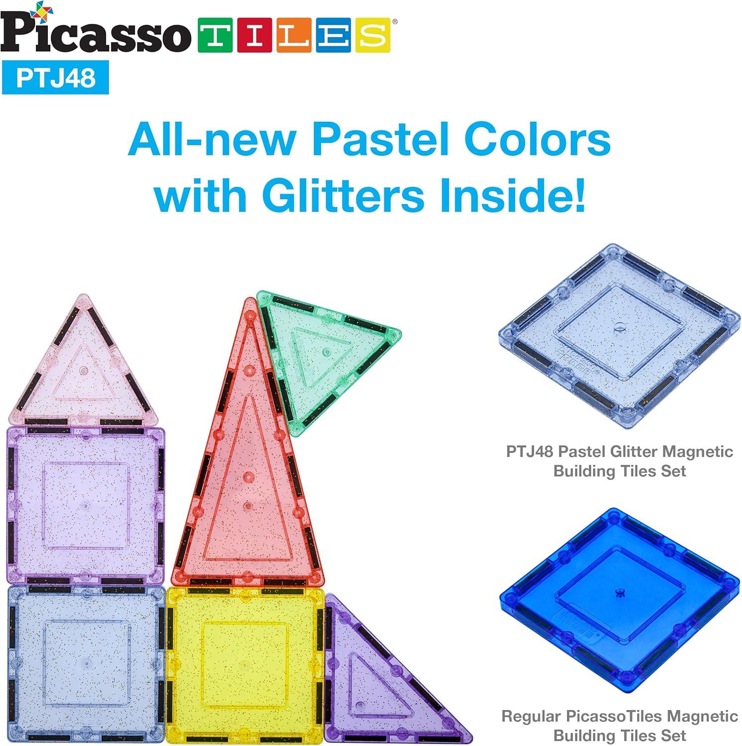 imagePicassoTiles Magnetic Tiles Blocks Magnet Tile Magnets Building Blocks Construction Toy Set with Reflective Leaf Flakes Magnetic Building Tiles Toys STEM Learning Kit Stacking Block Playset PTJ48