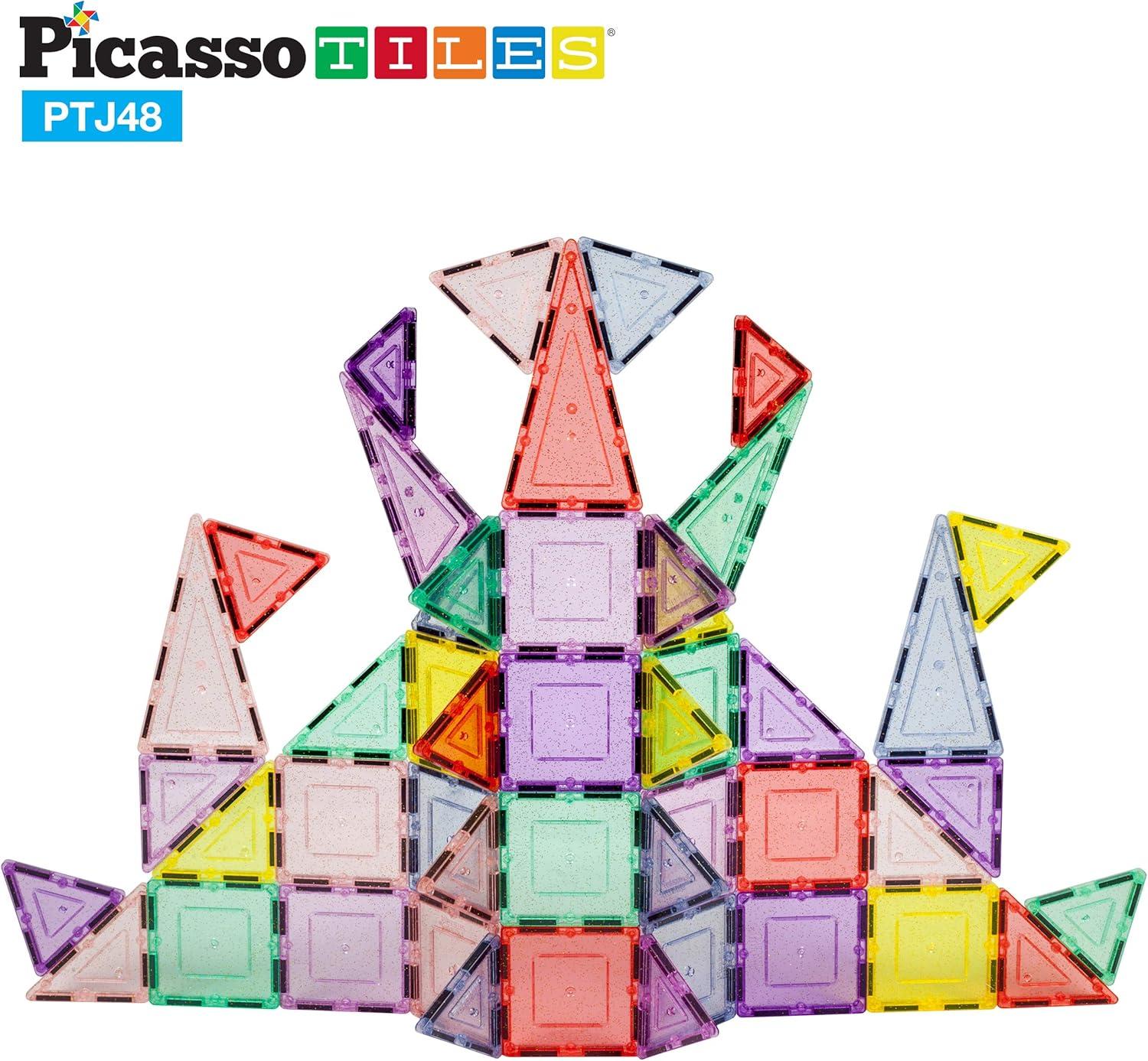 imagePicassoTiles Magnetic Tiles Blocks Magnet Tile Magnets Building Blocks Construction Toy Set with Reflective Leaf Flakes Magnetic Building Tiles Toys STEM Learning Kit Stacking Block Playset PTJ48