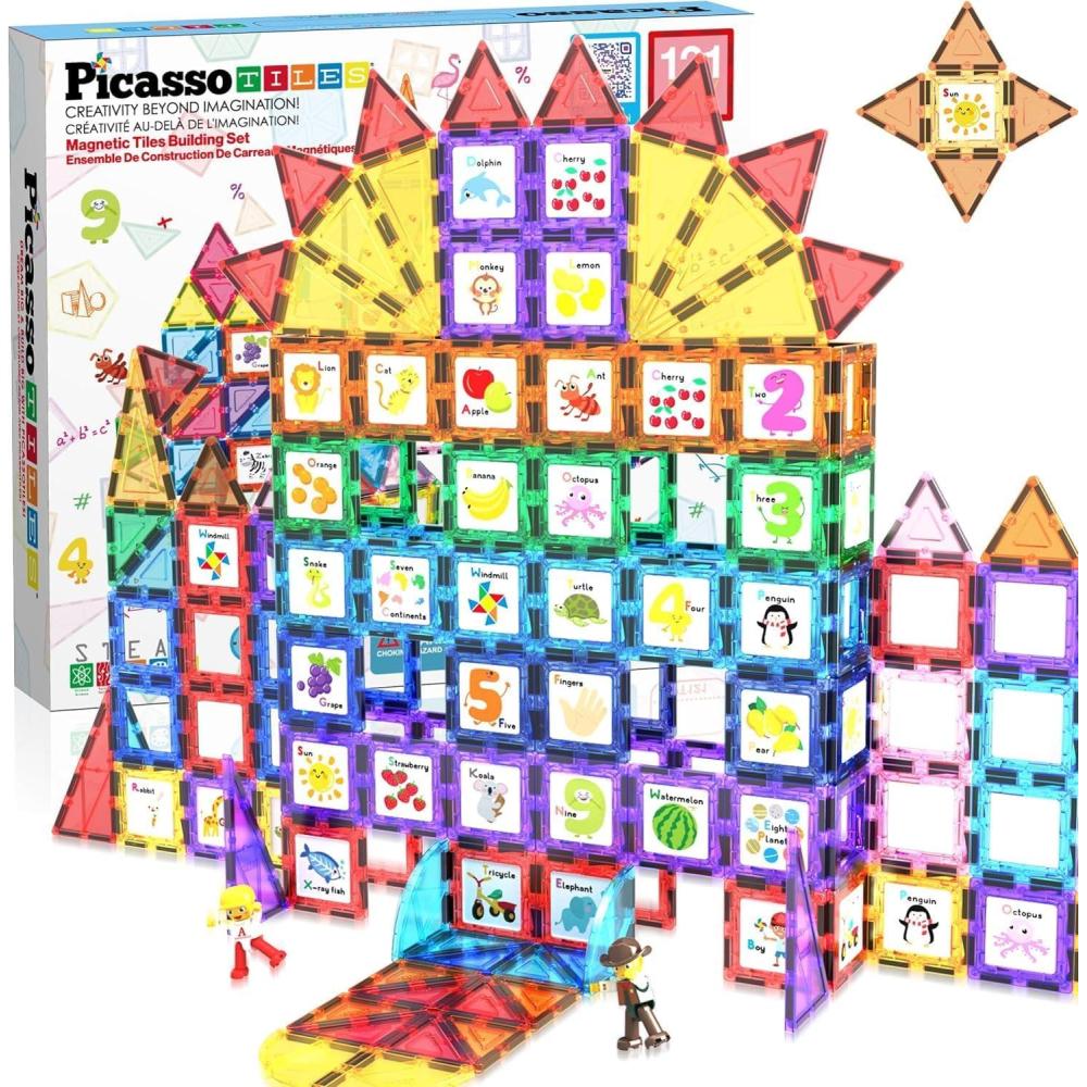 imagePicassoTiles 121 pc Master Builder Magnetic Building Block Construction Set Magnet Tiles Blocks with Car Truck 2 Character Action Figures 28 Educational Alphabet Animal and Number Graphics Windmill