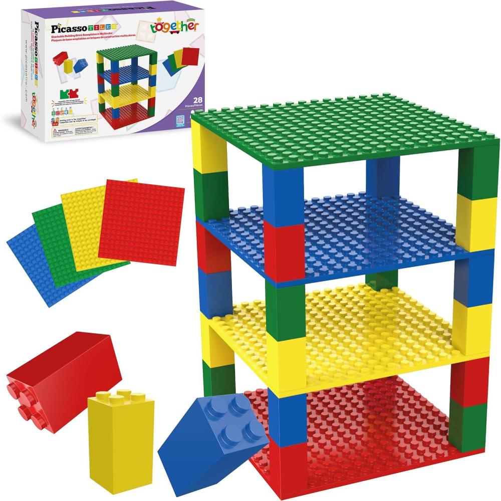 imagePicassoTiles 200 Piece Large Construction Brick Building Blocks STEM Bricks Toy Set Creative Learning Early Education Playset 5 Colors 4 Unique Shapes Mix ampamp Match Toys for Kids Boys Girls Child Age 3Classic Brick 28pc