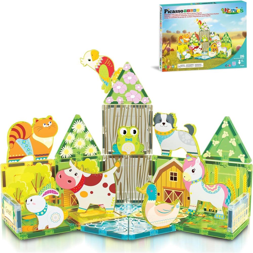 imagePicassoTiles 26pcs Magnetic Tiles Magnet Tile Building Blocks Printed Fall Farm Themed Animal Toy Set with 8 Farmyard Animals Character Action Figures STEM Learning Playset for Kids Ages 3 PTQ27Farm