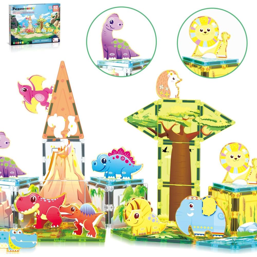 imagePicassoTiles 26pcs Magnetic Tiles Magnet Tile Building Blocks Printed Fall Farm Themed Animal Toy Set with 8 Farmyard Animals Character Action Figures STEM Learning Playset for Kids Ages 3 PTQ27Safari Animals Themed