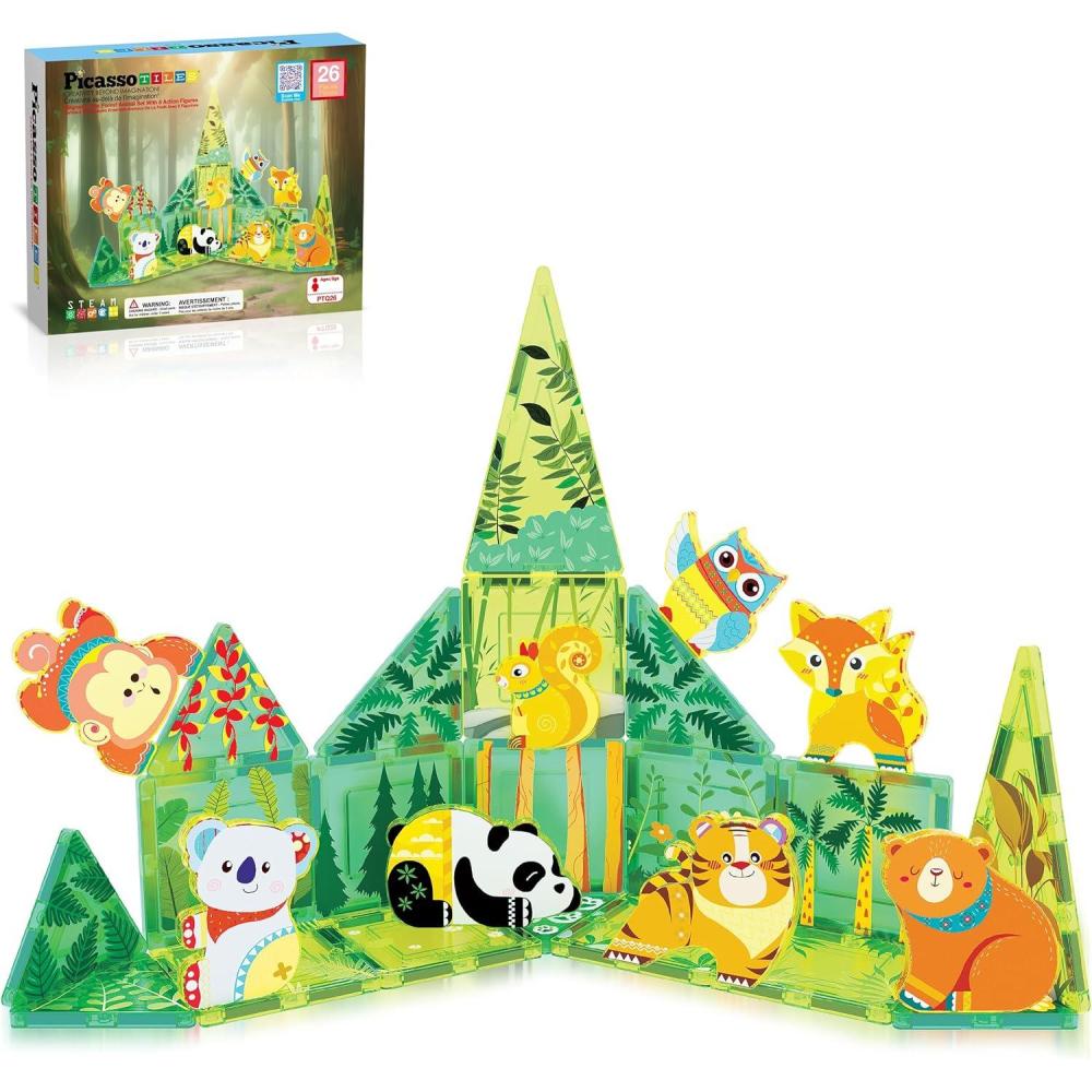 imagePicassoTiles 26pcs Magnetic Tiles Magnet Tile Building Blocks Printed Fall Farm Themed Animal Toy Set with 8 Farmyard Animals Character Action Figures STEM Learning Playset for Kids Ages 3 PTQ27Forest