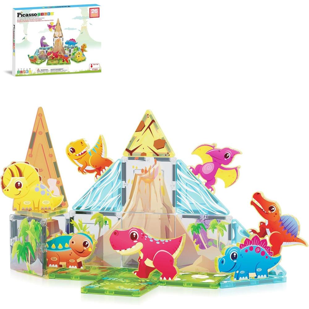 imagePicassoTiles 26pcs Magnetic Tiles Magnet Tile Building Blocks Printed Fall Farm Themed Animal Toy Set with 8 Farmyard Animals Character Action Figures STEM Learning Playset for Kids Ages 3 PTQ27Dinosaur World Themed
