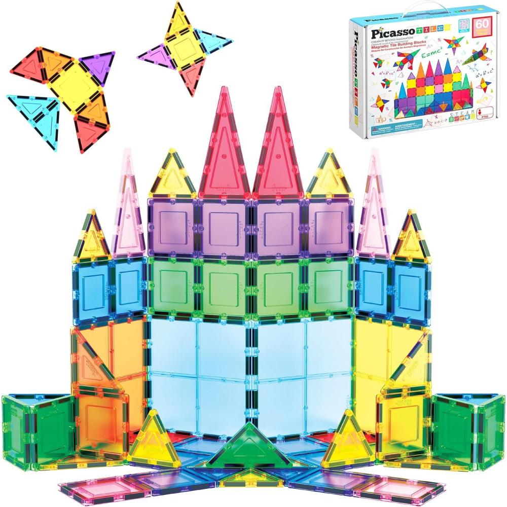 imagePicassoTiles 60 Piece Set 60pcs Magnet Building Tiles Clear Magnetic 3D Blocks Construction Playboards  Creativity Beyond Imagination Inspirational Recreational Educational Conventional