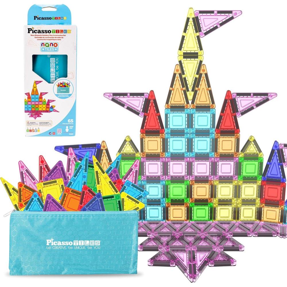 imagePicassoTiles 65pc Nano Magnetic Tile Travel Size Mini Portable Toy Construction Building Blocks Playset with Storage Bag Pouch STEM Montessori Classroom Magnet Tiles Stacking Toys for Kids Age 3 PN03