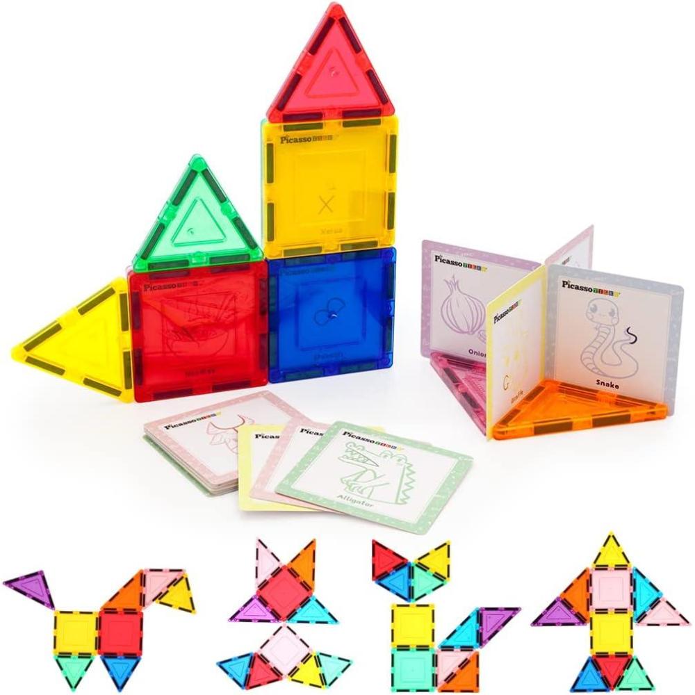 imagePicassoTiles Magnetic Building Tiles Learning Set with Animal Food and Letters Card Magnet Block Combo Set Attachable Magnify STEM Educational Construction Set for Boys ampamp Girls Ages 3