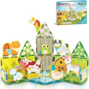 imagePicassoTiles 26pcs Magnetic Tiles Magnet Tile Building Blocks Printed Fall Farm Themed Animal Toy Set with 8 Farmyard Animals Character Action Figures STEM Learning Playset for Kids Ages 3 PTQ27Farm
