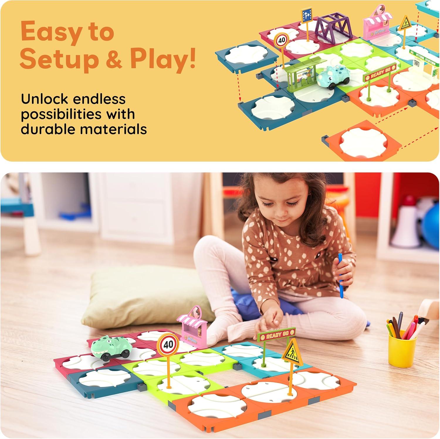 imagePicassoTiles 60pc Race Car Track Builder Set Rotating Reversible Racetracks with School Bus Toy Vehicle and Accessories STEM Learning Construction Building Playset for Toddler Boys Girls Ages 3 PTR2185pc Race Car