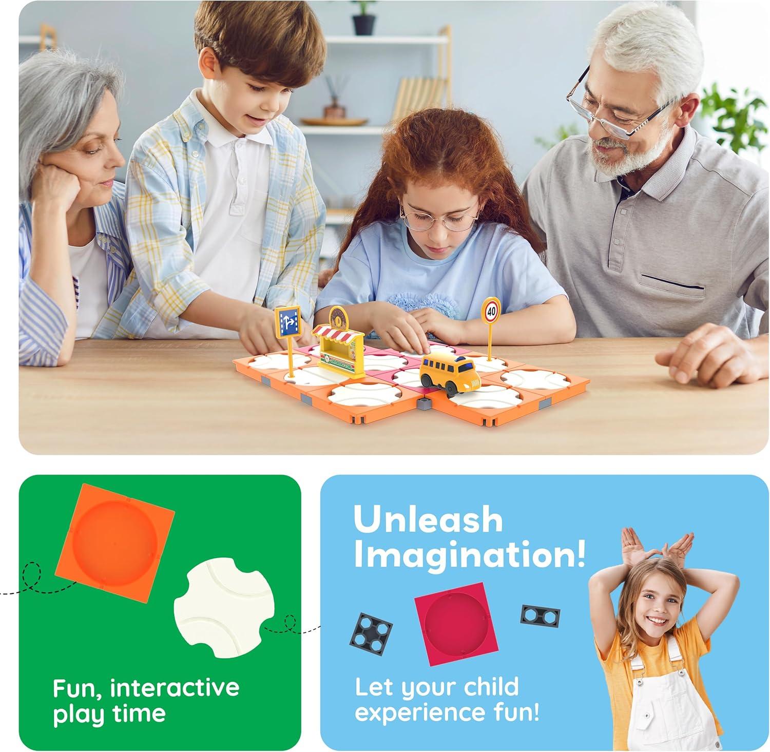 imagePicassoTiles 60pc Race Car Track Builder Set Rotating Reversible Racetracks with School Bus Toy Vehicle and Accessories STEM Learning Construction Building Playset for Toddler Boys Girls Ages 3 PTR2160pc Race Car