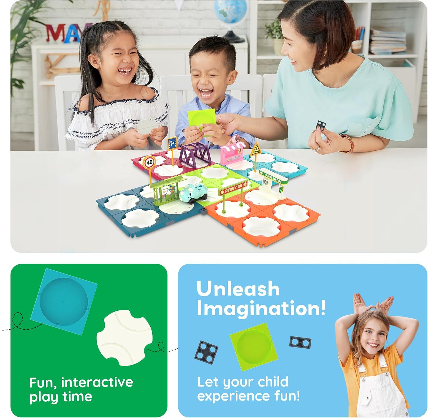 imagePicassoTiles 60pc Race Car Track Builder Set Rotating Reversible Racetracks with School Bus Toy Vehicle and Accessories STEM Learning Construction Building Playset for Toddler Boys Girls Ages 3 PTR2185pc Race Car