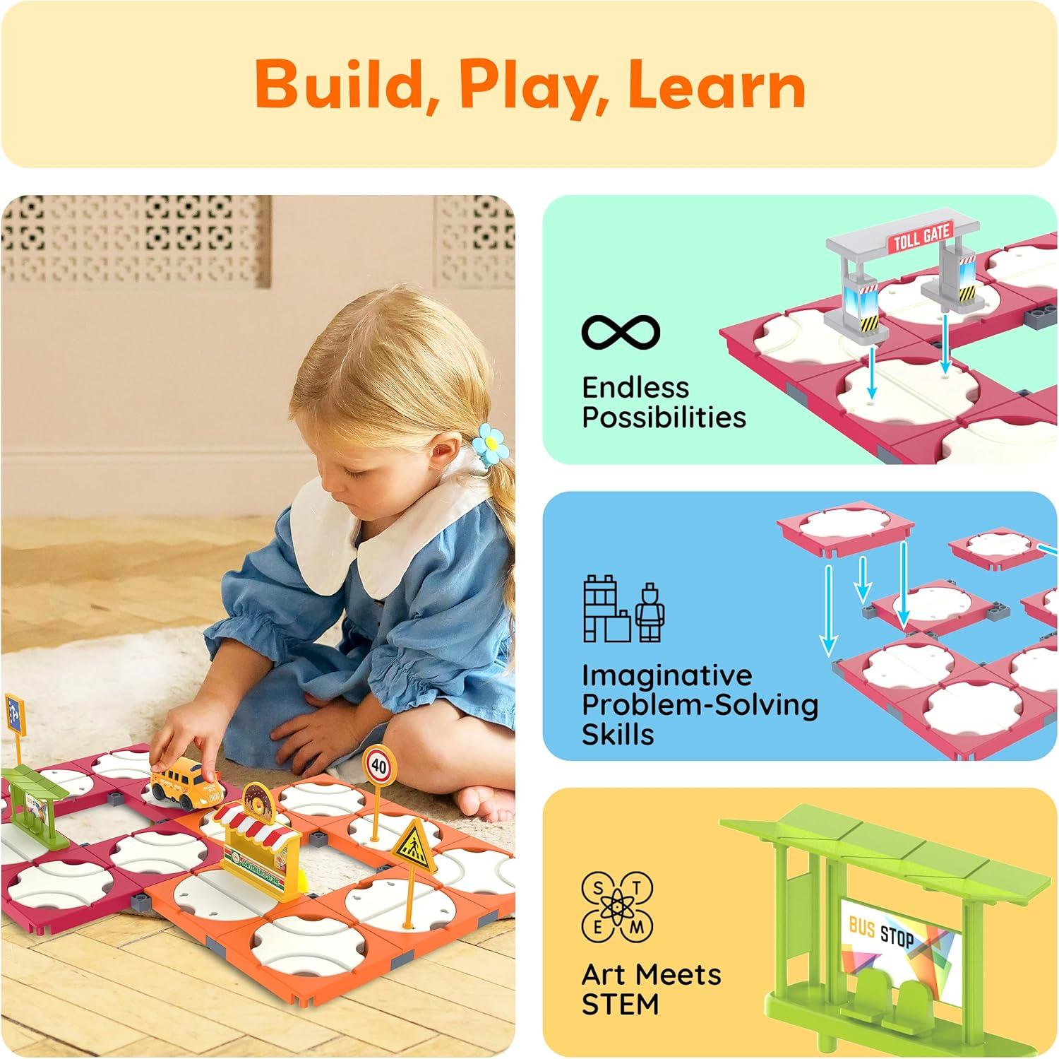 imagePicassoTiles 60pc Race Car Track Builder Set Rotating Reversible Racetracks with School Bus Toy Vehicle and Accessories STEM Learning Construction Building Playset for Toddler Boys Girls Ages 3 PTR2160pc Race Car