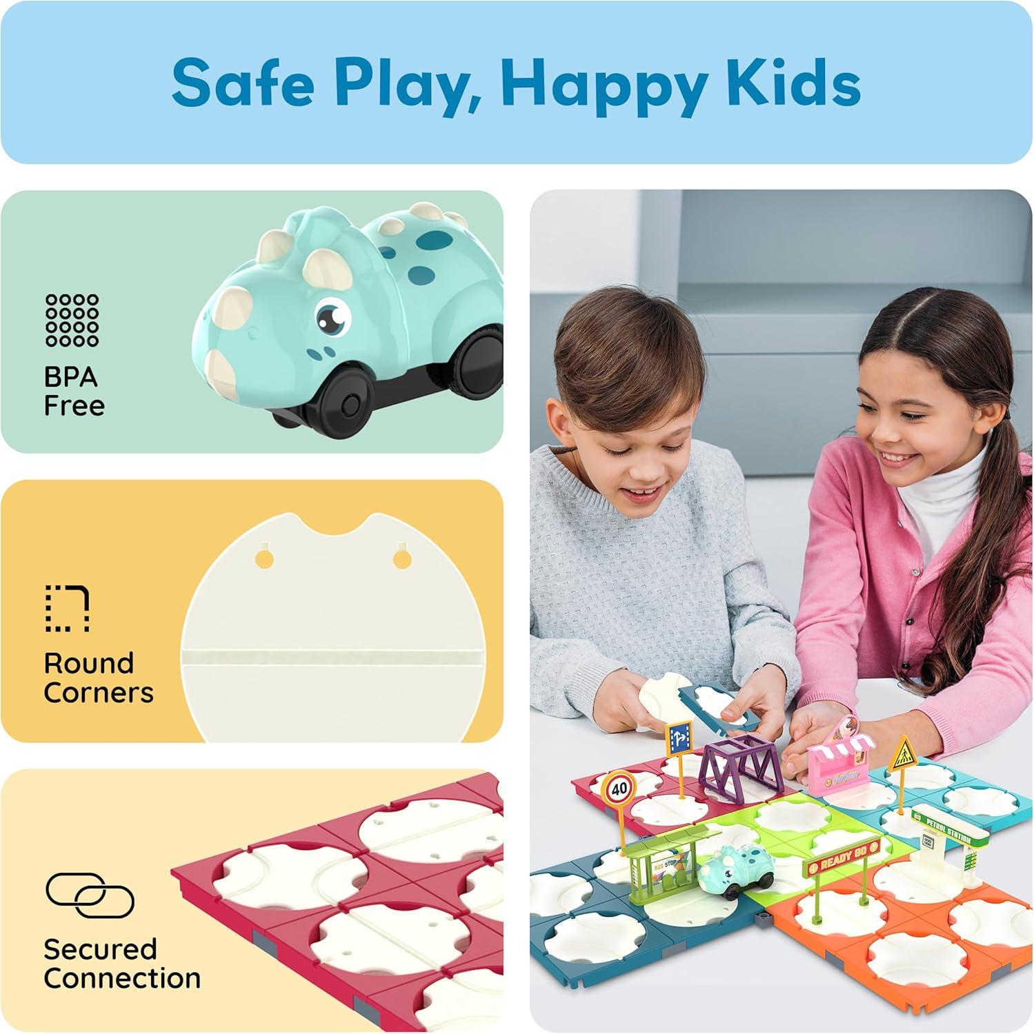 imagePicassoTiles 60pc Race Car Track Builder Set Rotating Reversible Racetracks with School Bus Toy Vehicle and Accessories STEM Learning Construction Building Playset for Toddler Boys Girls Ages 3 PTR2185pc Race Car