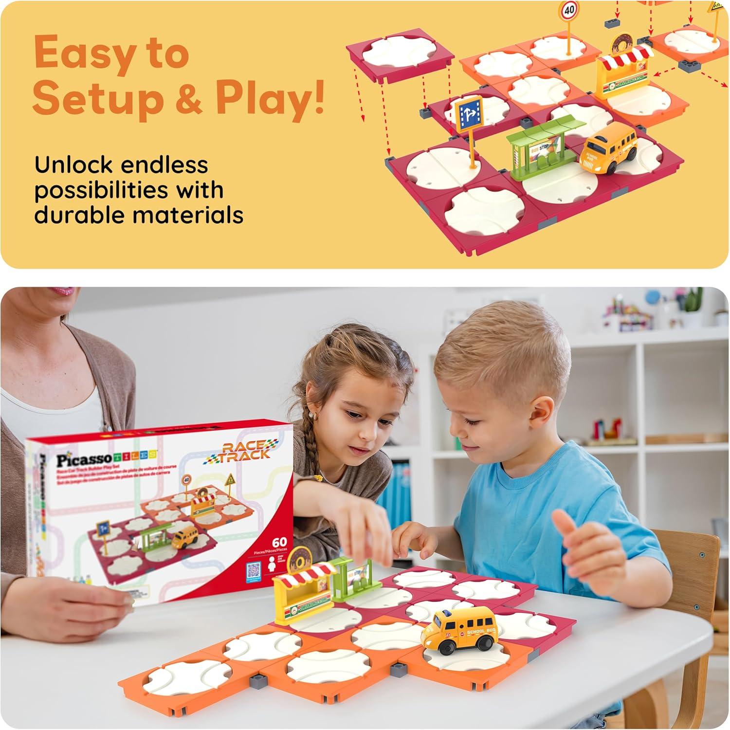 imagePicassoTiles 60pc Race Car Track Builder Set Rotating Reversible Racetracks with School Bus Toy Vehicle and Accessories STEM Learning Construction Building Playset for Toddler Boys Girls Ages 3 PTR2160pc Race Car