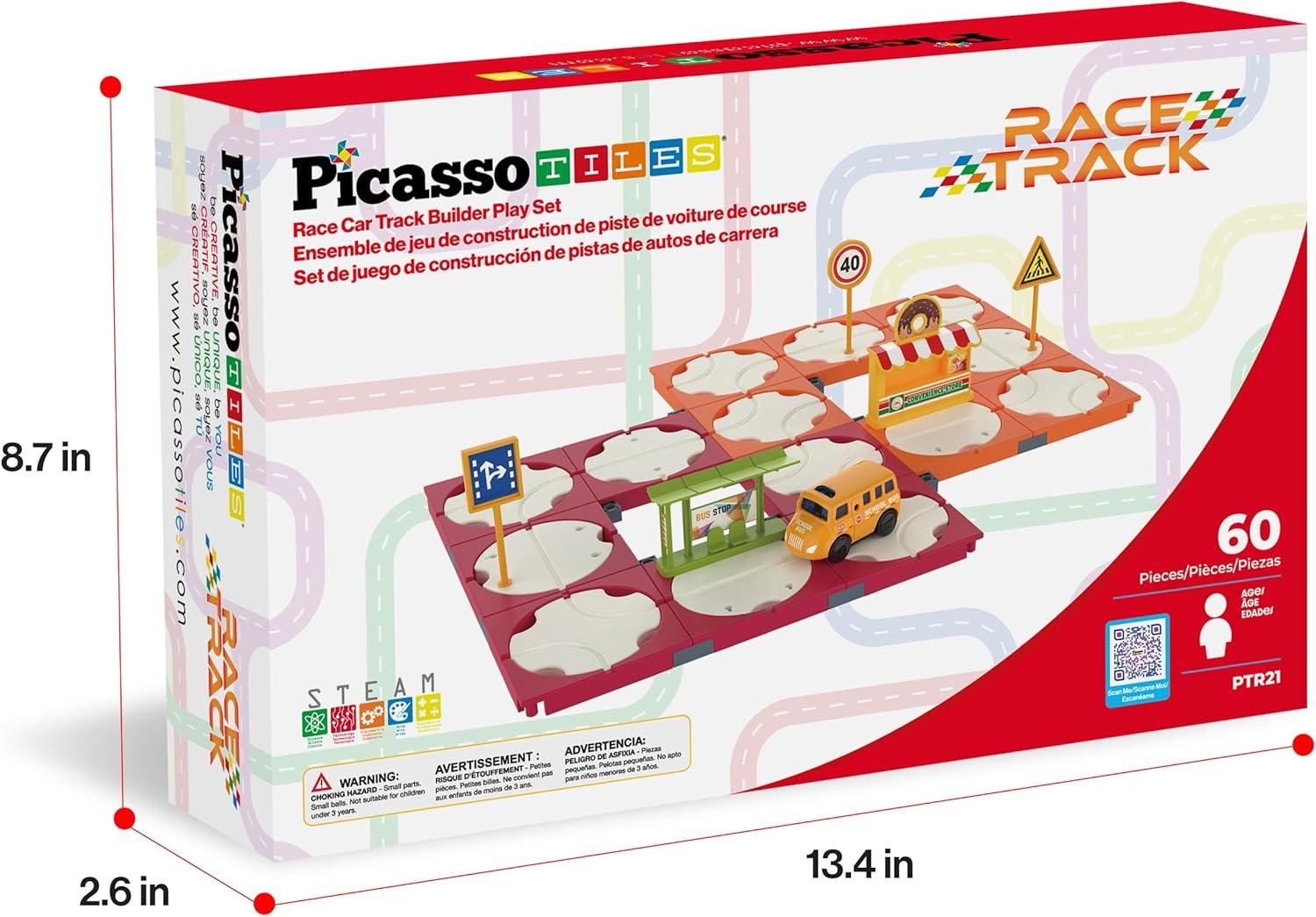 imagePicassoTiles 60pc Race Car Track Builder Set Rotating Reversible Racetracks with School Bus Toy Vehicle and Accessories STEM Learning Construction Building Playset for Toddler Boys Girls Ages 3 PTR2160pc Race Car