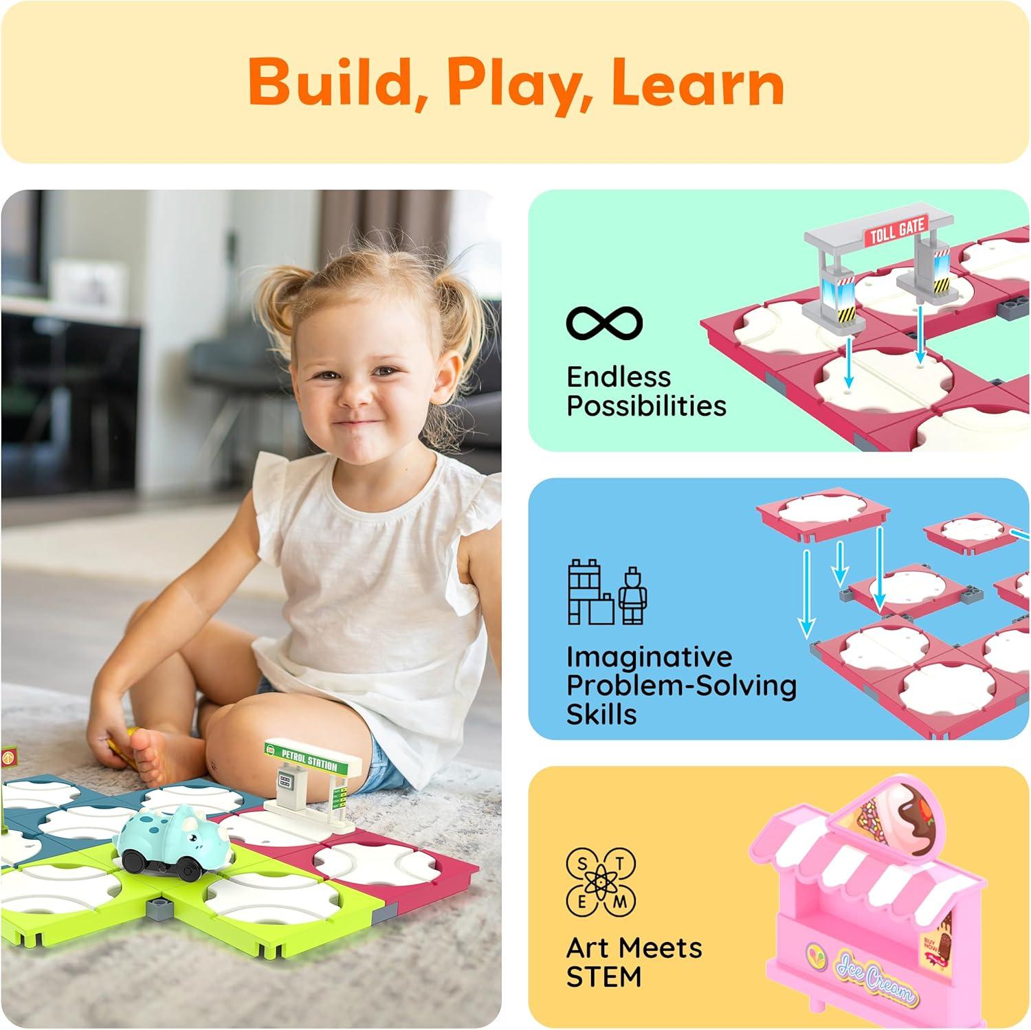 imagePicassoTiles 60pc Race Car Track Builder Set Rotating Reversible Racetracks with School Bus Toy Vehicle and Accessories STEM Learning Construction Building Playset for Toddler Boys Girls Ages 3 PTR2185pc Race Car