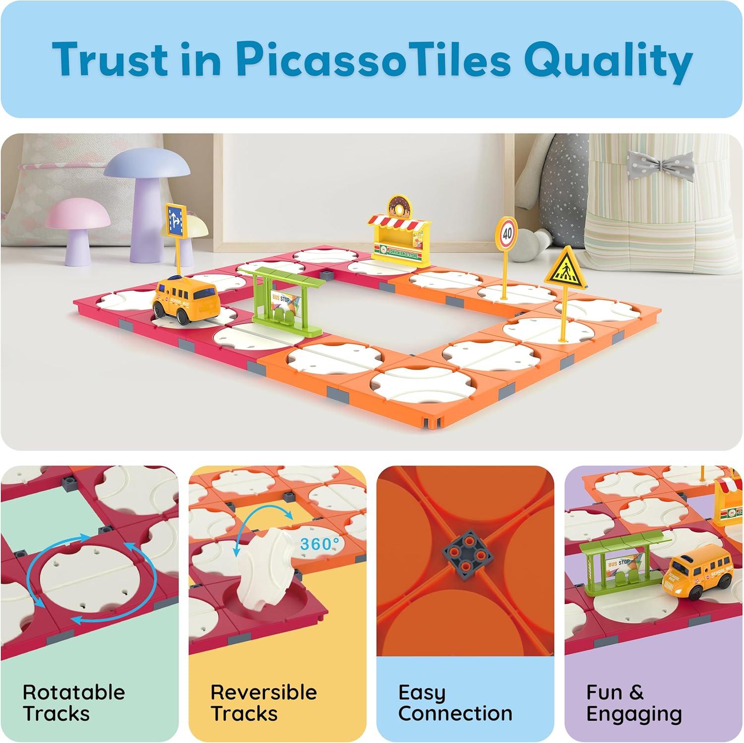 imagePicassoTiles 60pc Race Car Track Builder Set Rotating Reversible Racetracks with School Bus Toy Vehicle and Accessories STEM Learning Construction Building Playset for Toddler Boys Girls Ages 3 PTR2160pc Race Car
