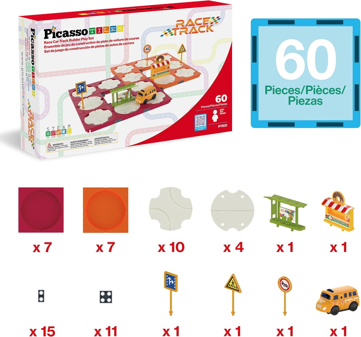 imagePicassoTiles 60pc Race Car Track Builder Set Rotating Reversible Racetracks with School Bus Toy Vehicle and Accessories STEM Learning Construction Building Playset for Toddler Boys Girls Ages 3 PTR2160pc Race Car