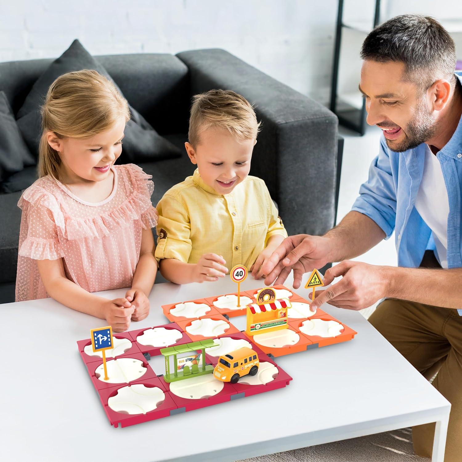 imagePicassoTiles 60pc Race Car Track Builder Set Rotating Reversible Racetracks with School Bus Toy Vehicle and Accessories STEM Learning Construction Building Playset for Toddler Boys Girls Ages 3 PTR2160pc Race Car