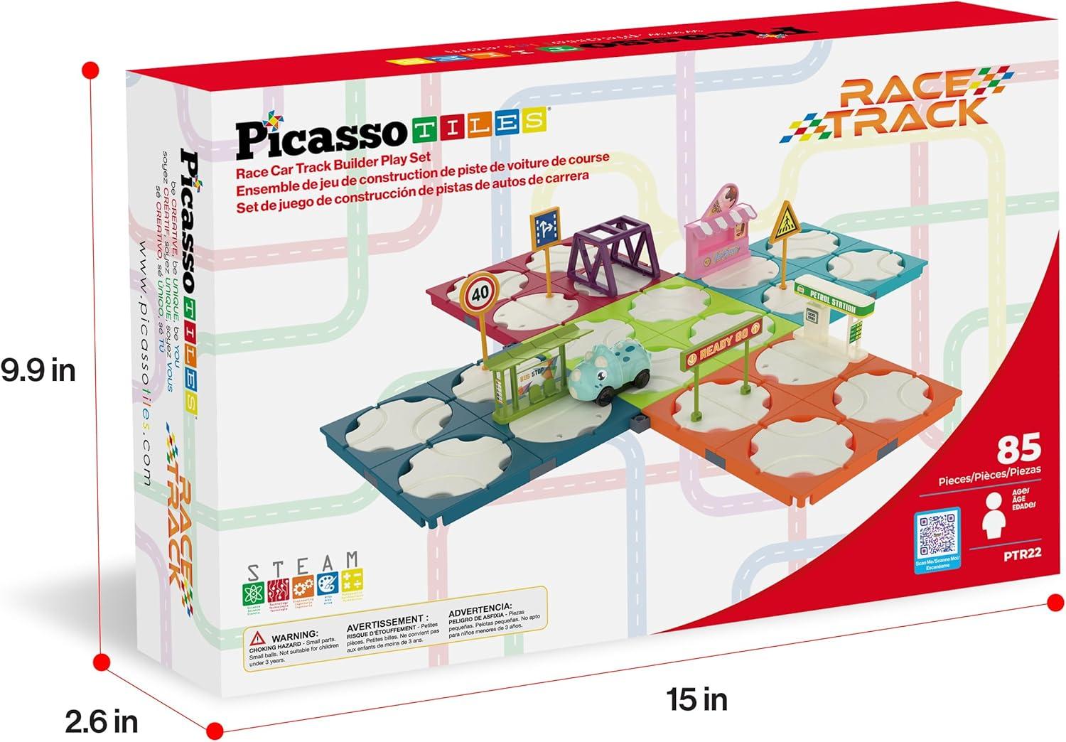 imagePicassoTiles 60pc Race Car Track Builder Set Rotating Reversible Racetracks with School Bus Toy Vehicle and Accessories STEM Learning Construction Building Playset for Toddler Boys Girls Ages 3 PTR2185pc Race Car