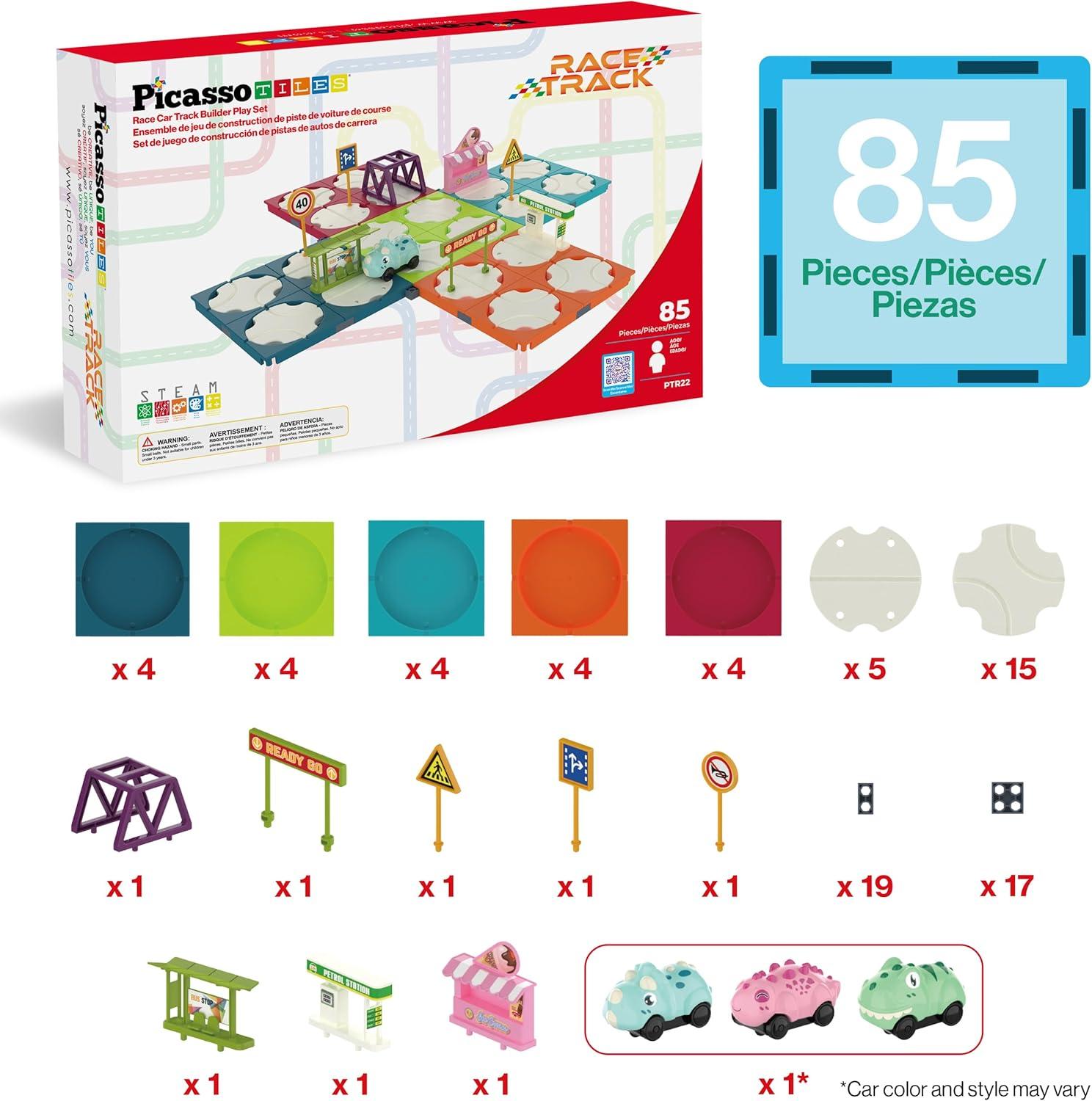 imagePicassoTiles 60pc Race Car Track Builder Set Rotating Reversible Racetracks with School Bus Toy Vehicle and Accessories STEM Learning Construction Building Playset for Toddler Boys Girls Ages 3 PTR2185pc Race Car