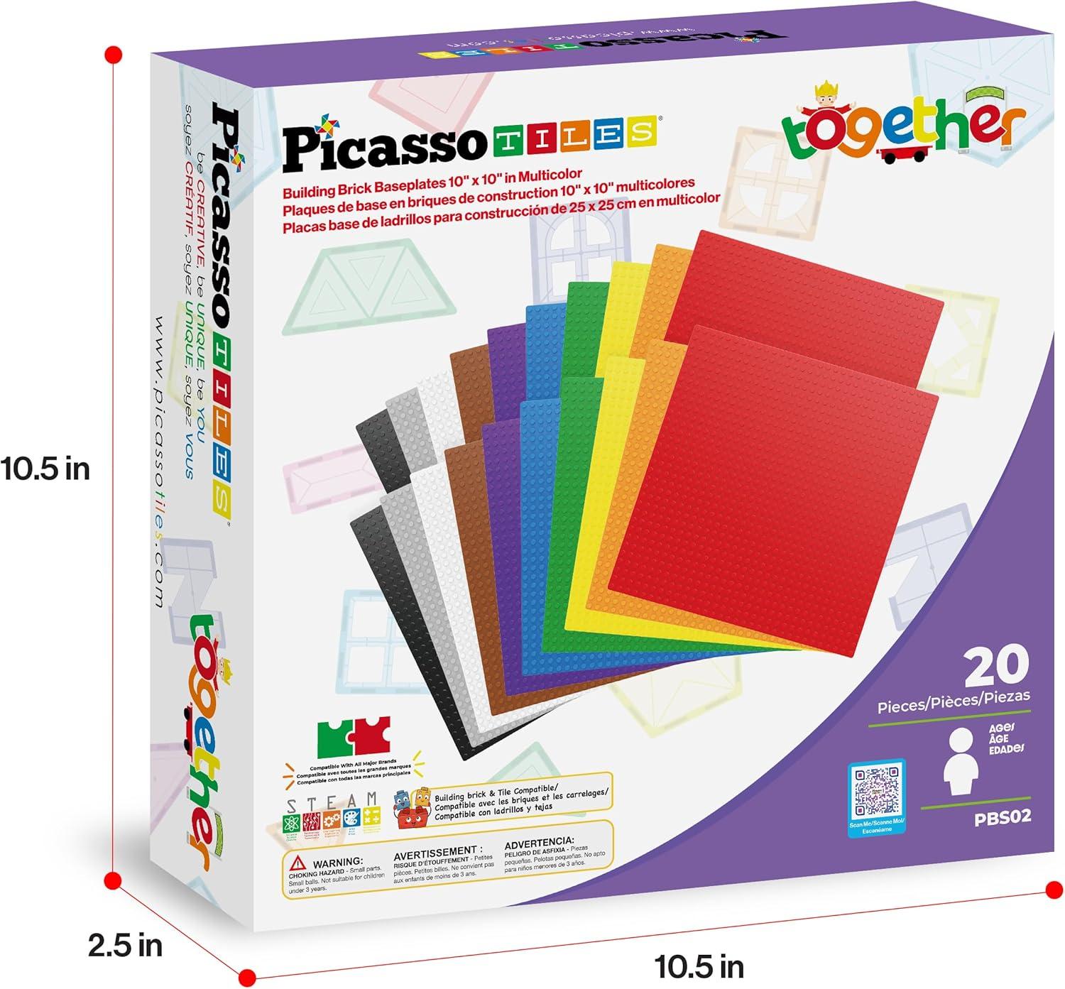 imagePicassoTiles Brick Baseplate Classic Building Block Foundation Kit 20 Pack 10quotx10quot Platform Multi Color Bricks Stud Blocks Compatible with All Major Brands STEM Construction Set Kids Ages 3 PBS0220 Pack 10x10 Platform Multi Color Bricks