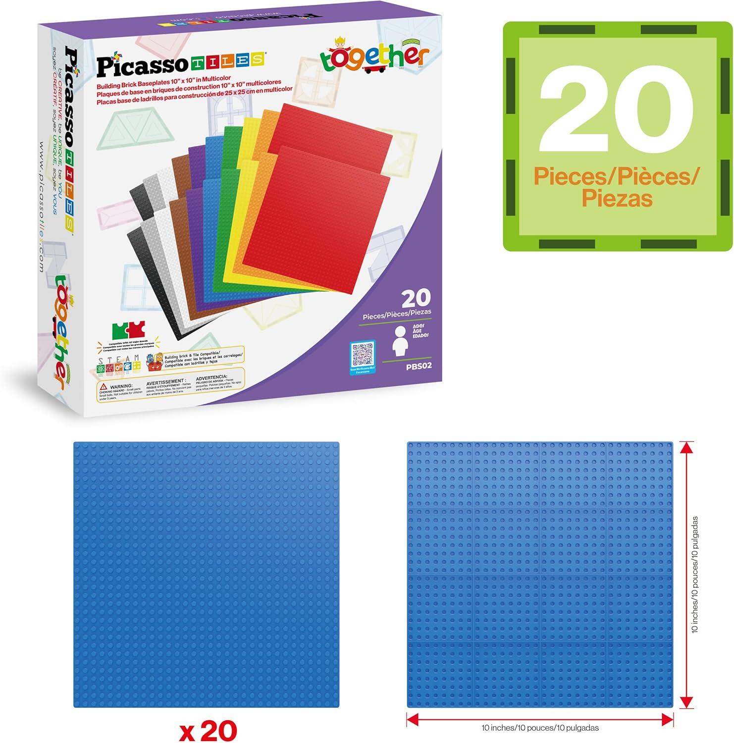 imagePicassoTiles Brick Baseplate Classic Building Block Foundation Kit 20 Pack 10quotx10quot Platform Multi Color Bricks Stud Blocks Compatible with All Major Brands STEM Construction Set Kids Ages 3 PBS0220 Pack 10x10 Platform Multi Color Bricks