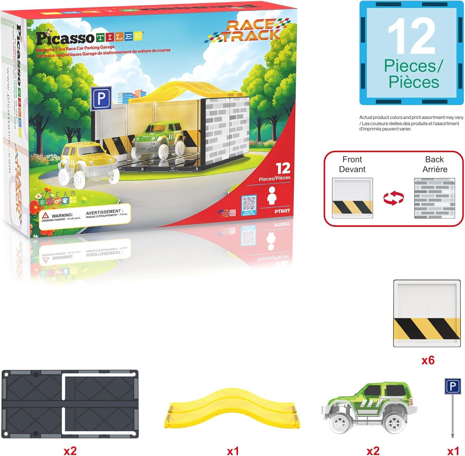 imagePicassoTiles Magnetic Tiles Race Car Track Kit Parking Garage Expansion Pack with 2 Cars Magnet Tile Building Blocks Educational Toy Learning Kit Pretend Play Construction Set Kids Child Ages 3 PTR072 Cars With Garage Race Track