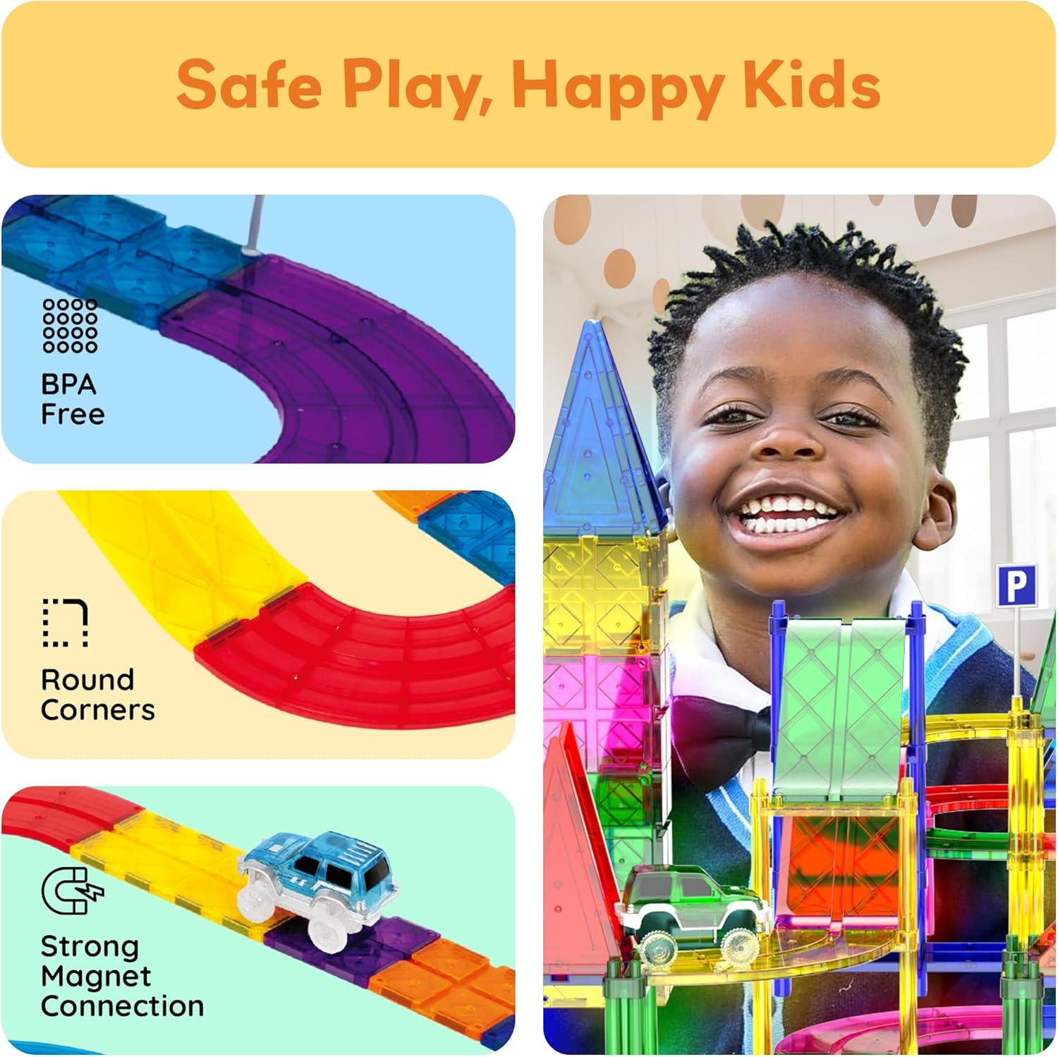 imagePicassoTiles Magnetic Tiles Race Car Track Kit Parking Garage Expansion Pack with 2 Cars Magnet Tile Building Blocks Educational Toy Learning Kit Pretend Play Construction Set Kids Child Ages 3 PTR07128 Pcs Race Car Track Set