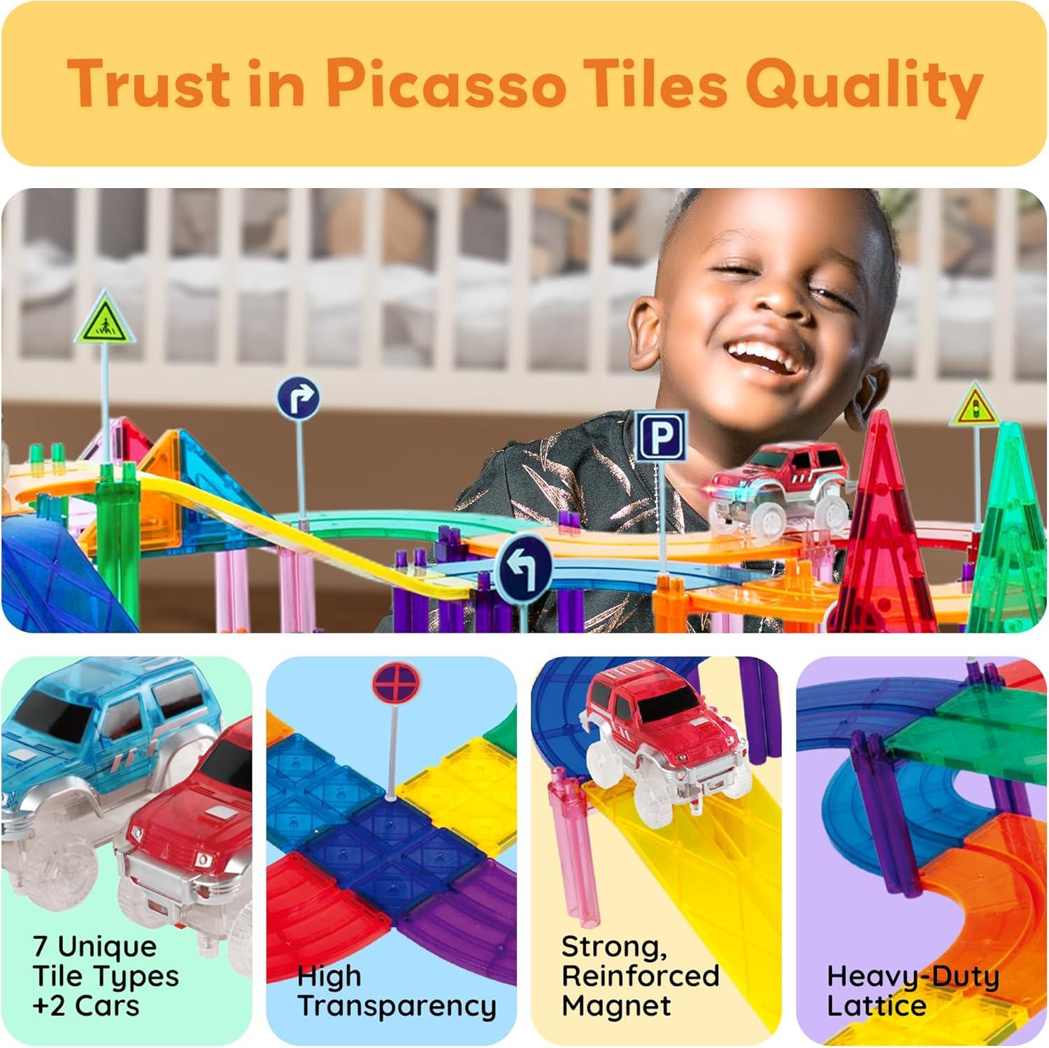 imagePicassoTiles Magnetic Tiles Race Car Track Kit Parking Garage Expansion Pack with 2 Cars Magnet Tile Building Blocks Educational Toy Learning Kit Pretend Play Construction Set Kids Child Ages 3 PTR07128 Pcs Race Car Track Set