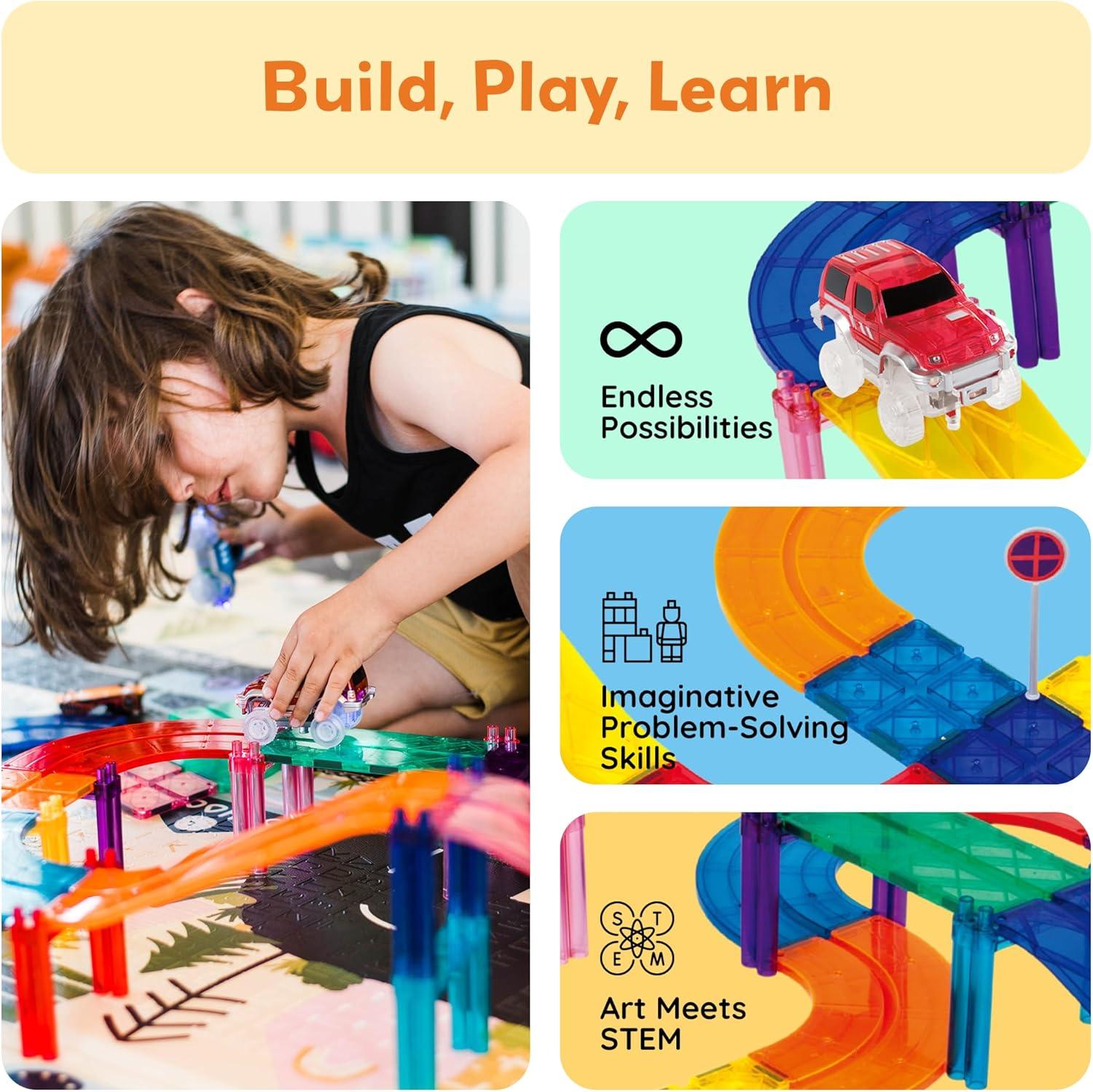 imagePicassoTiles Magnetic Tiles Race Car Track Kit Parking Garage Expansion Pack with 2 Cars Magnet Tile Building Blocks Educational Toy Learning Kit Pretend Play Construction Set Kids Child Ages 3 PTR07100 Pcs Race Car Track Set