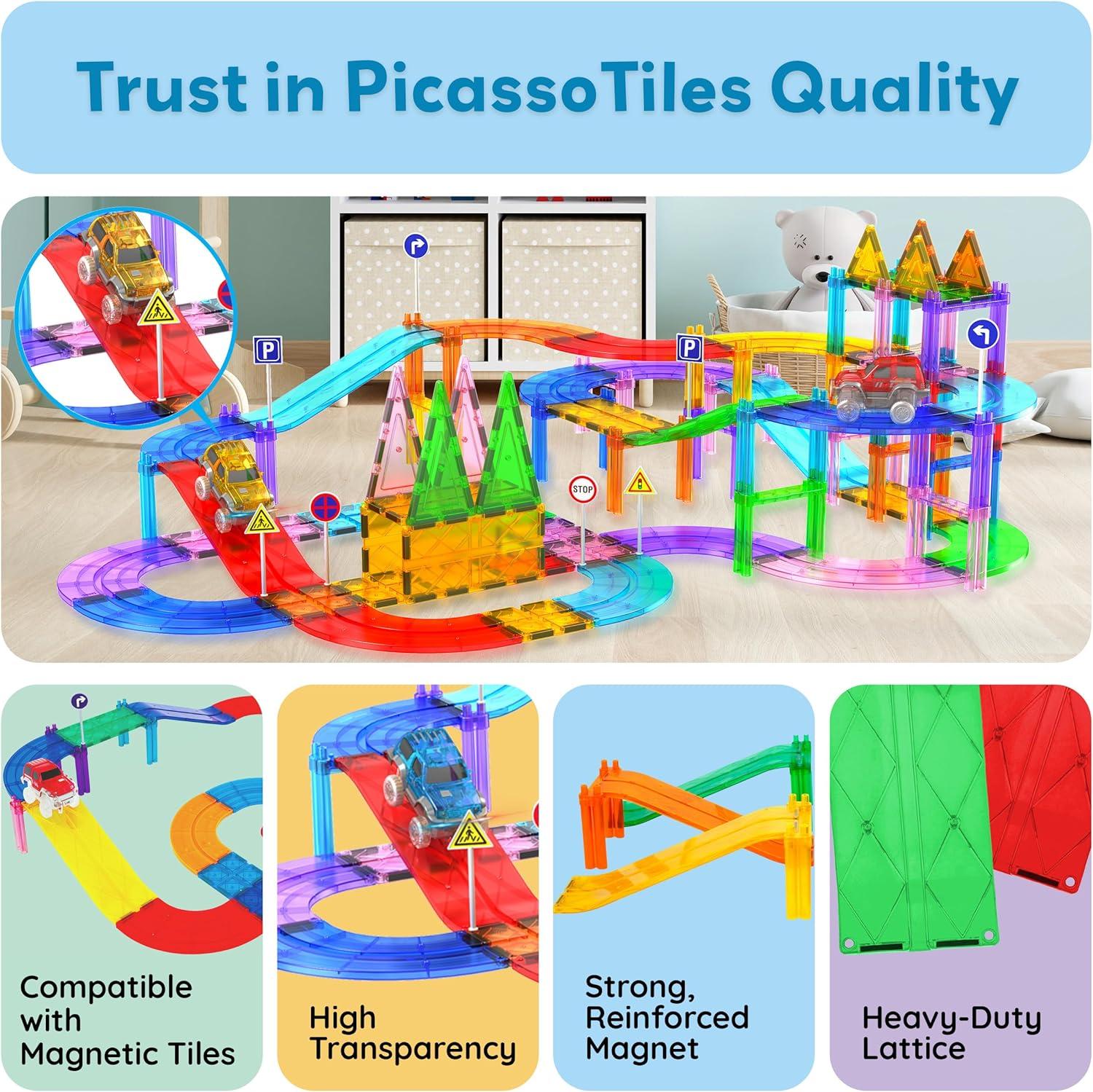 imagePicassoTiles Magnetic Tiles Race Car Track Kit Parking Garage Expansion Pack with 2 Cars Magnet Tile Building Blocks Educational Toy Learning Kit Pretend Play Construction Set Kids Child Ages 3 PTR076 Pcs Race Track Ramp