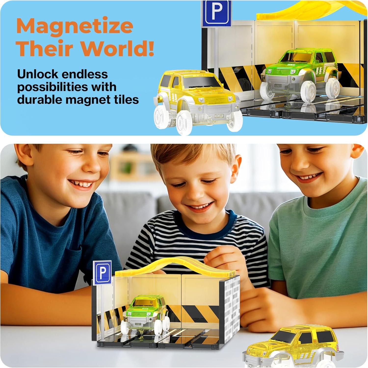 imagePicassoTiles Magnetic Tiles Race Car Track Kit Parking Garage Expansion Pack with 2 Cars Magnet Tile Building Blocks Educational Toy Learning Kit Pretend Play Construction Set Kids Child Ages 3 PTR072 Cars With Garage Race Track