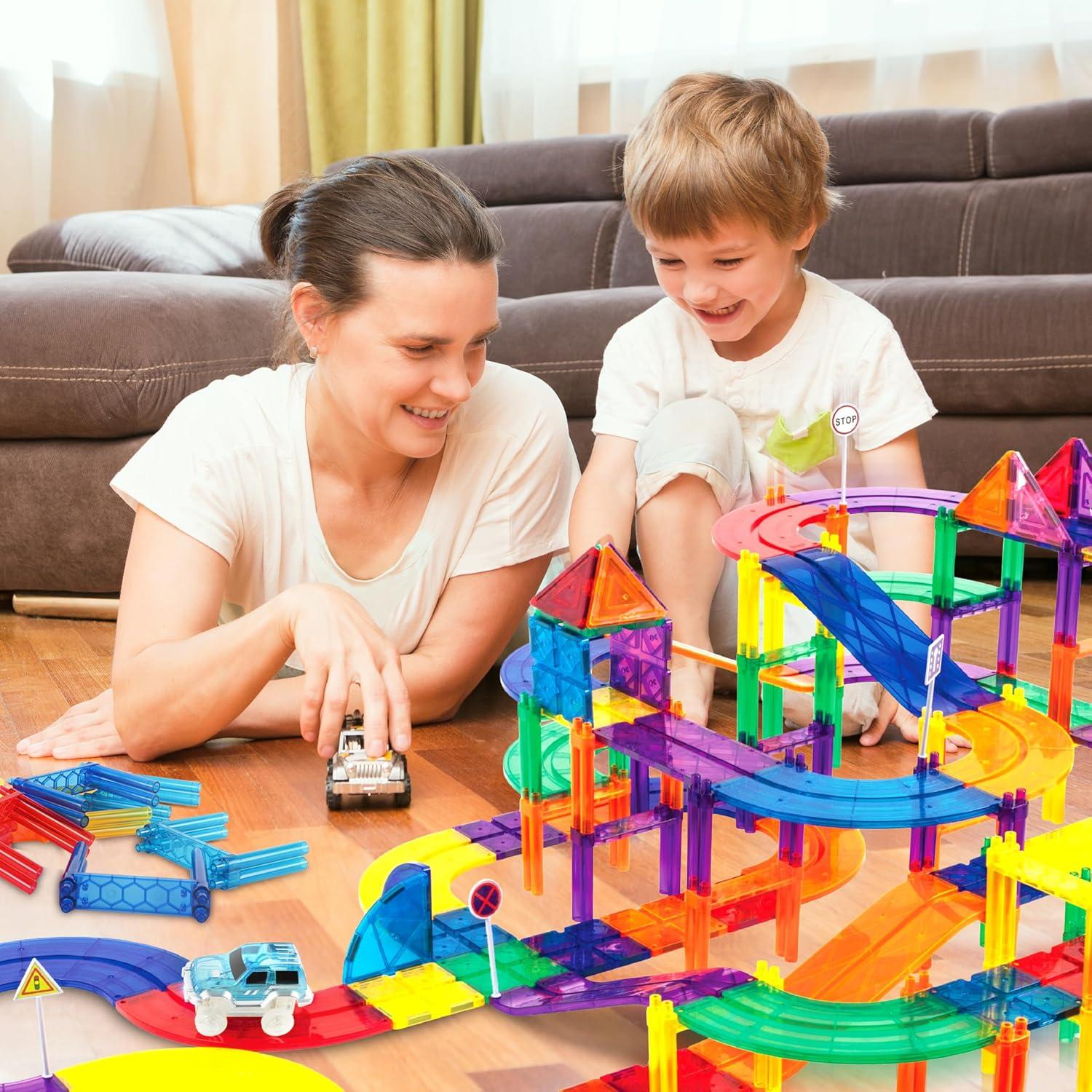 imagePicassoTiles Magnetic Tiles Race Car Track Kit Parking Garage Expansion Pack with 2 Cars Magnet Tile Building Blocks Educational Toy Learning Kit Pretend Play Construction Set Kids Child Ages 3 PTR07Multicolor