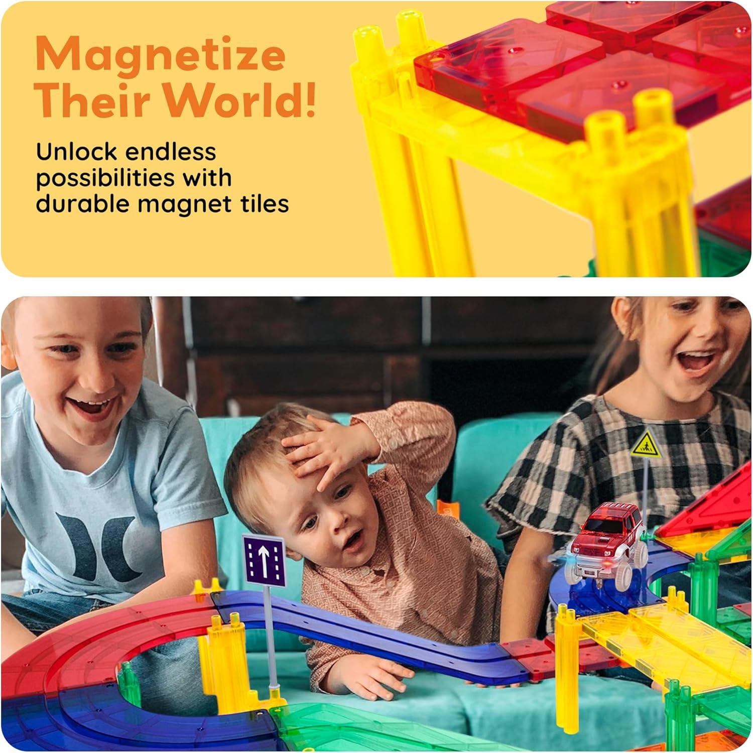 imagePicassoTiles Magnetic Tiles Race Car Track Kit Parking Garage Expansion Pack with 2 Cars Magnet Tile Building Blocks Educational Toy Learning Kit Pretend Play Construction Set Kids Child Ages 3 PTR07100 Pcs Race Car Track Set