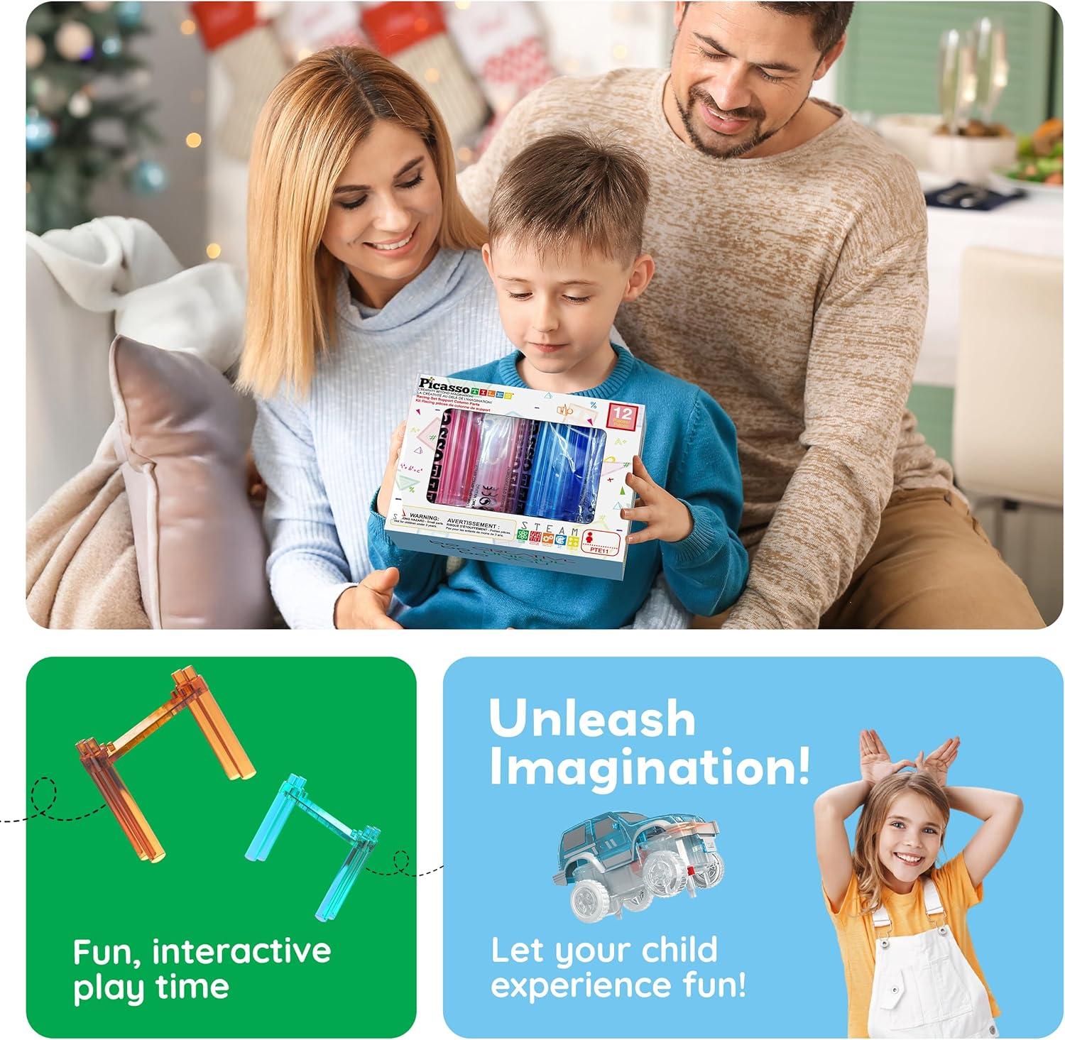 imagePicassoTiles Magnetic Tiles Race Car Track Kit Parking Garage Expansion Pack with 2 Cars Magnet Tile Building Blocks Educational Toy Learning Kit Pretend Play Construction Set Kids Child Ages 3 PTR07Multicolor