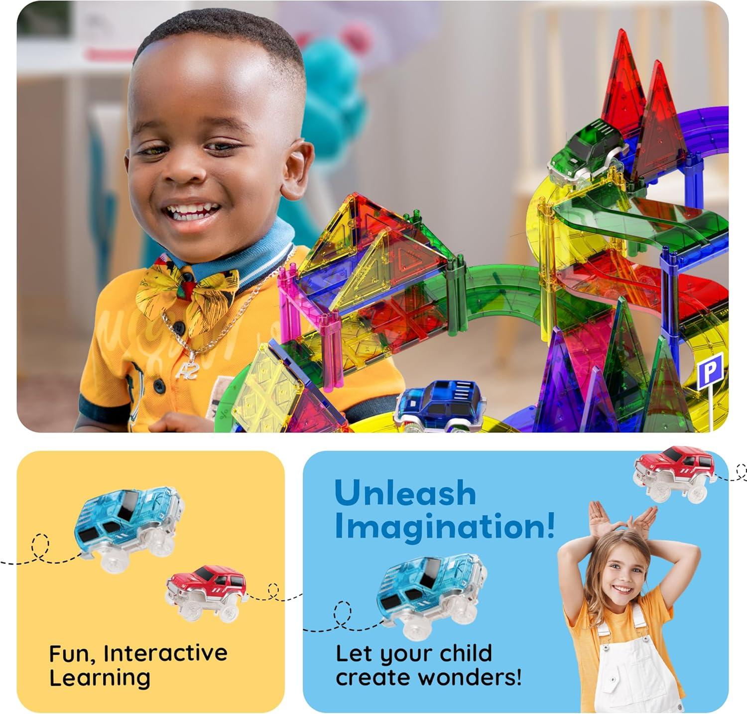 imagePicassoTiles Magnetic Tiles Race Car Track Kit Parking Garage Expansion Pack with 2 Cars Magnet Tile Building Blocks Educational Toy Learning Kit Pretend Play Construction Set Kids Child Ages 3 PTR07128 Pcs Race Car Track Set