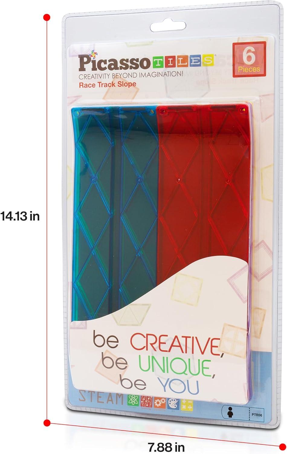 imagePicassoTiles Magnetic Tiles Race Car Track Kit Parking Garage Expansion Pack with 2 Cars Magnet Tile Building Blocks Educational Toy Learning Kit Pretend Play Construction Set Kids Child Ages 3 PTR076 Pcs Race Track Ramp