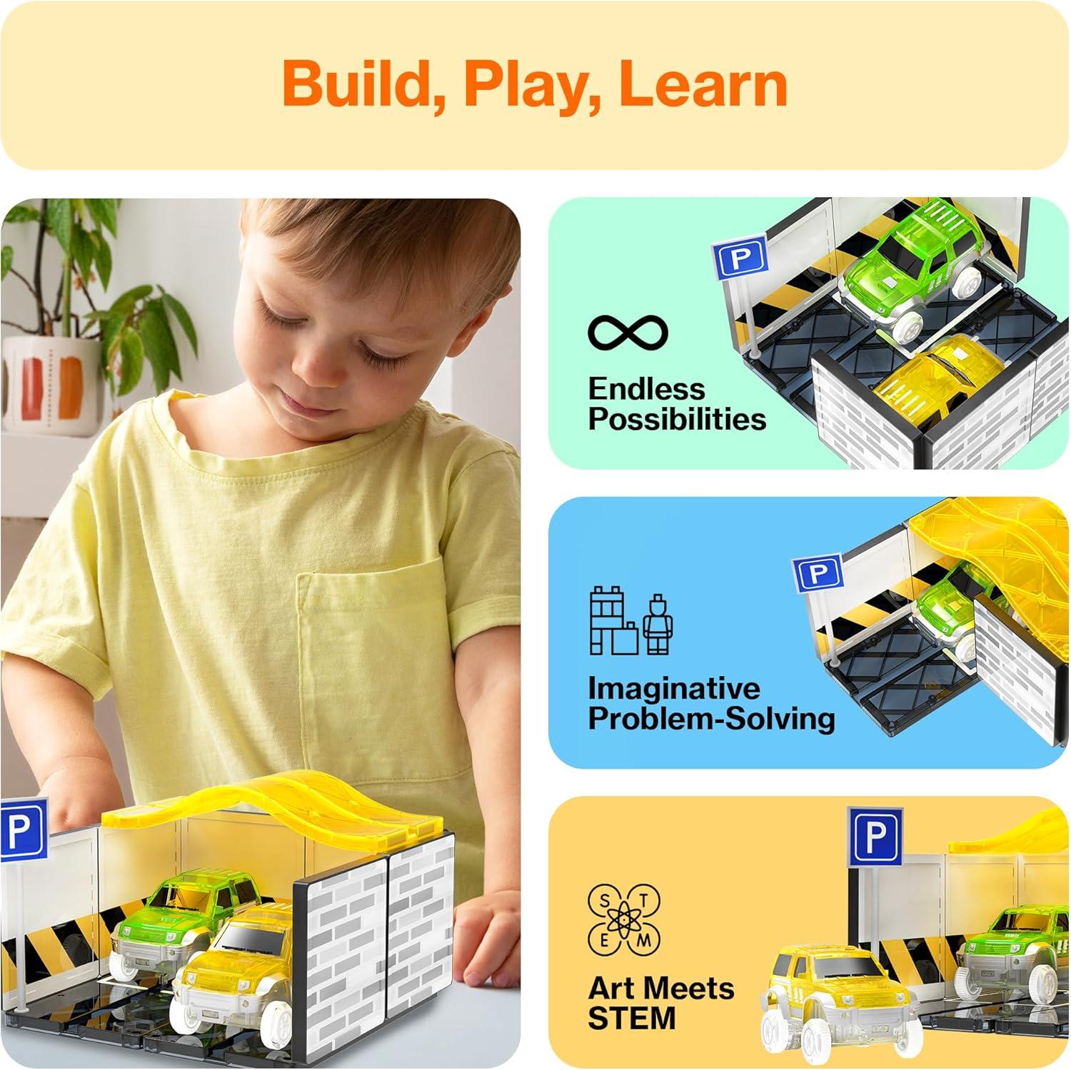 imagePicassoTiles Magnetic Tiles Race Car Track Kit Parking Garage Expansion Pack with 2 Cars Magnet Tile Building Blocks Educational Toy Learning Kit Pretend Play Construction Set Kids Child Ages 3 PTR072 Cars With Garage Race Track