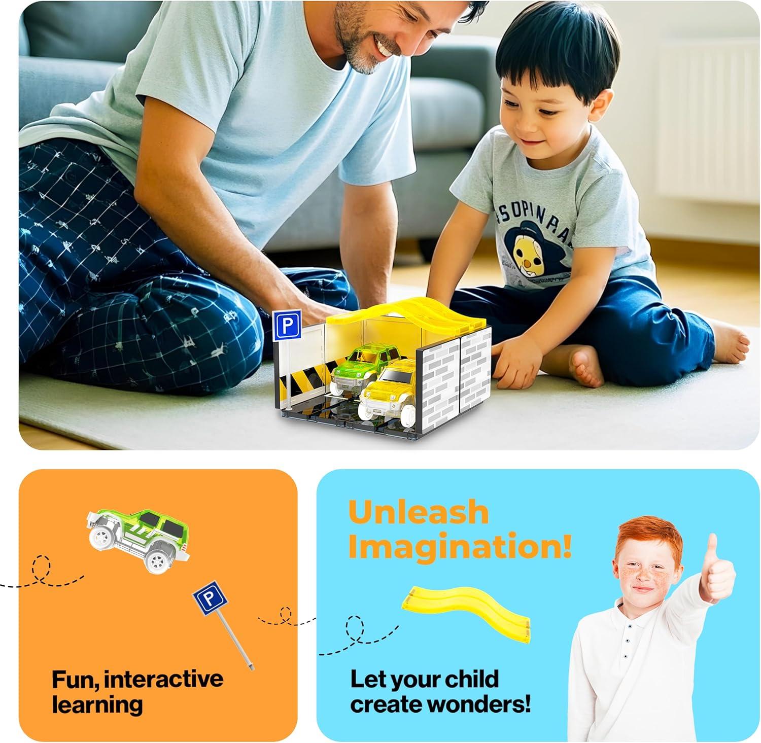 imagePicassoTiles Magnetic Tiles Race Car Track Kit Parking Garage Expansion Pack with 2 Cars Magnet Tile Building Blocks Educational Toy Learning Kit Pretend Play Construction Set Kids Child Ages 3 PTR072 Cars With Garage Race Track